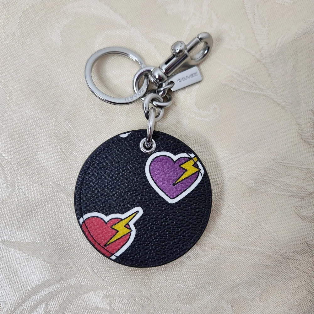 Coach Bag Charm Keychain Pink Heart Lightning Bolt Design